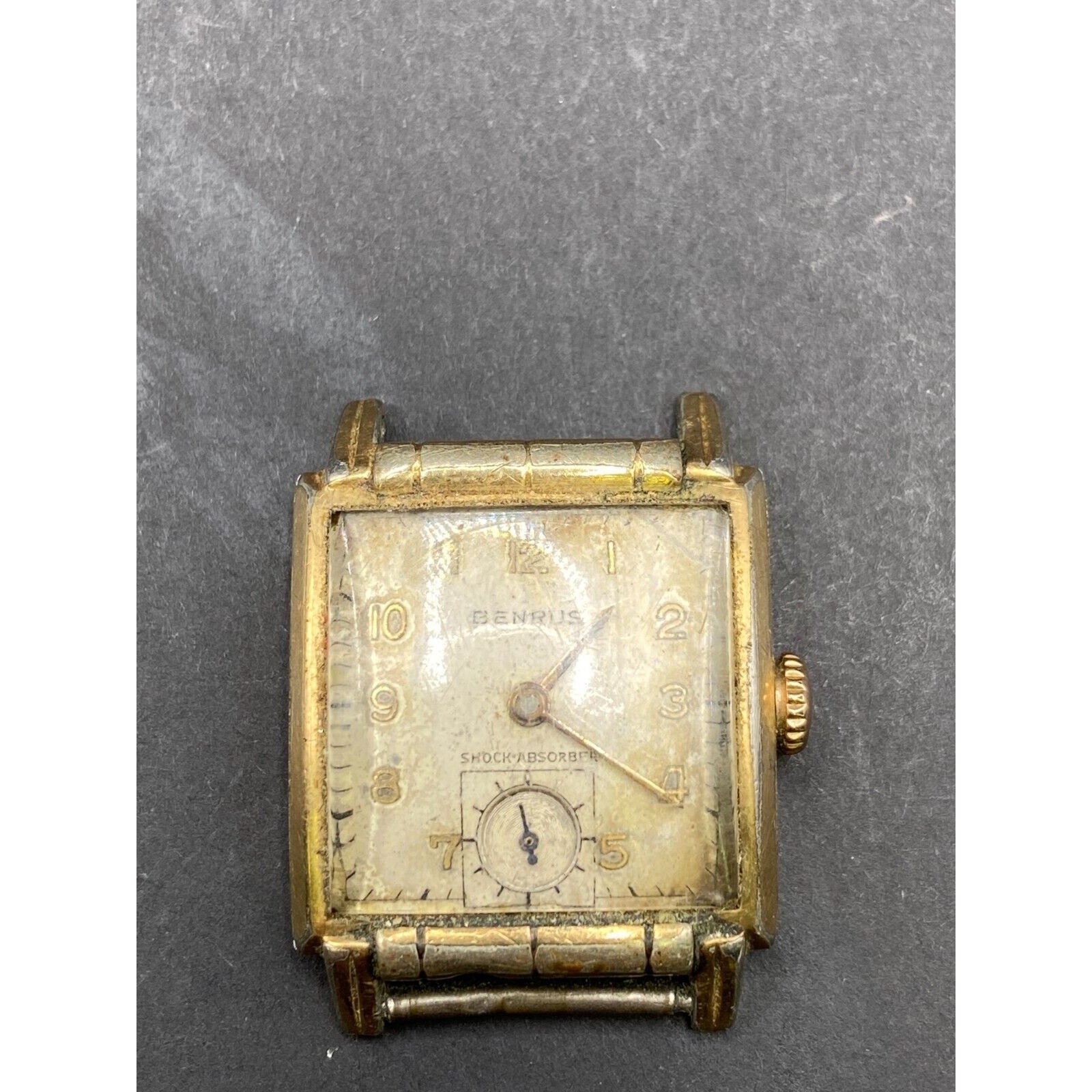 Benrus Vintage 17 Jewel s Square Fancy Tank Style Wristwatch Gold Dial No Band