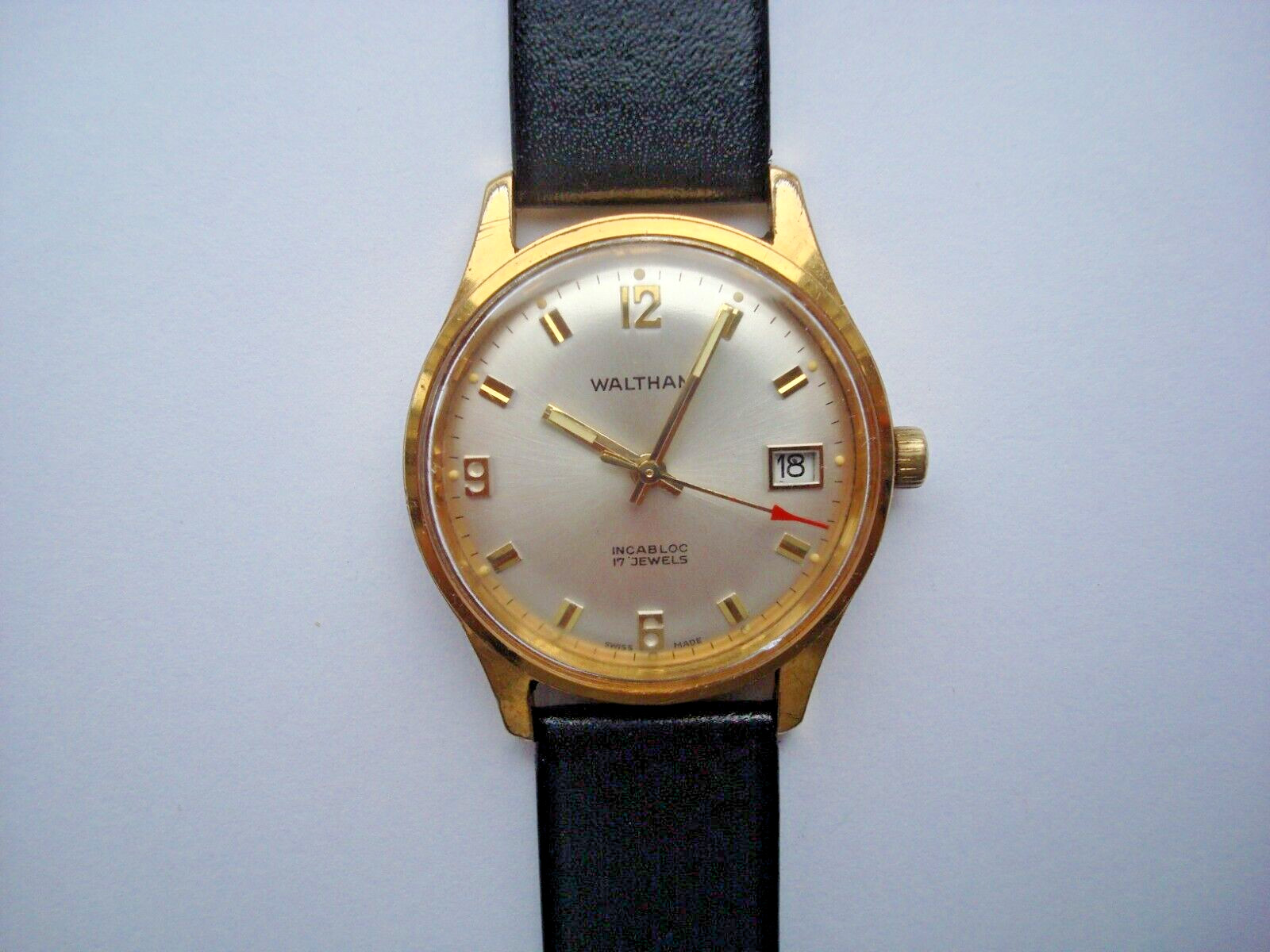 Waltham Mens Watch Manual Wind Up 17j. Date Red Arrow New Band 1960’s Swiss Runs