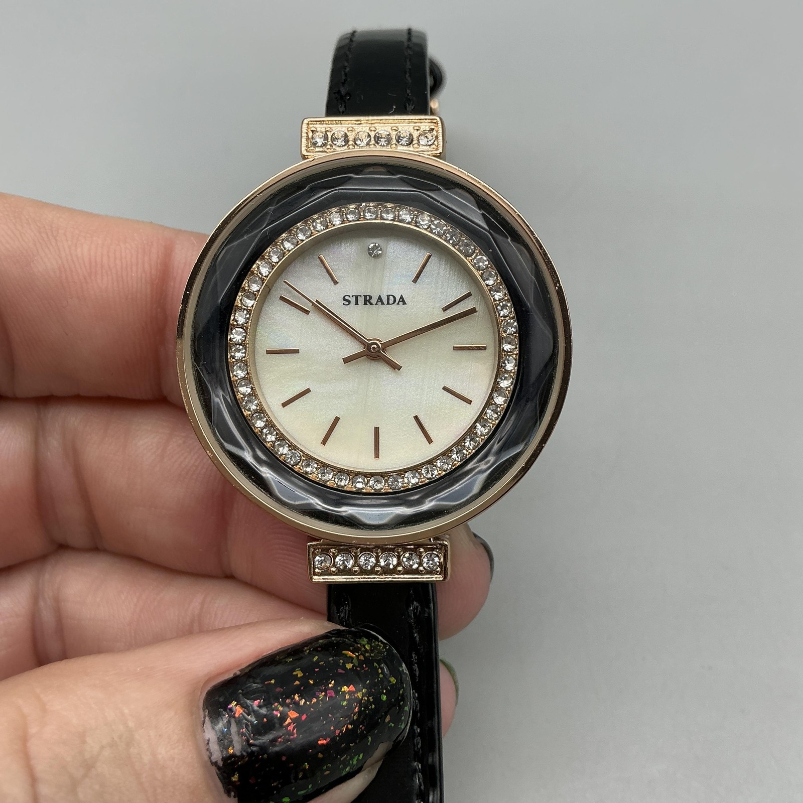 Strada Womens Dress Watch 35mm Cream Dial Faceted Crystal Bezel Black Strap