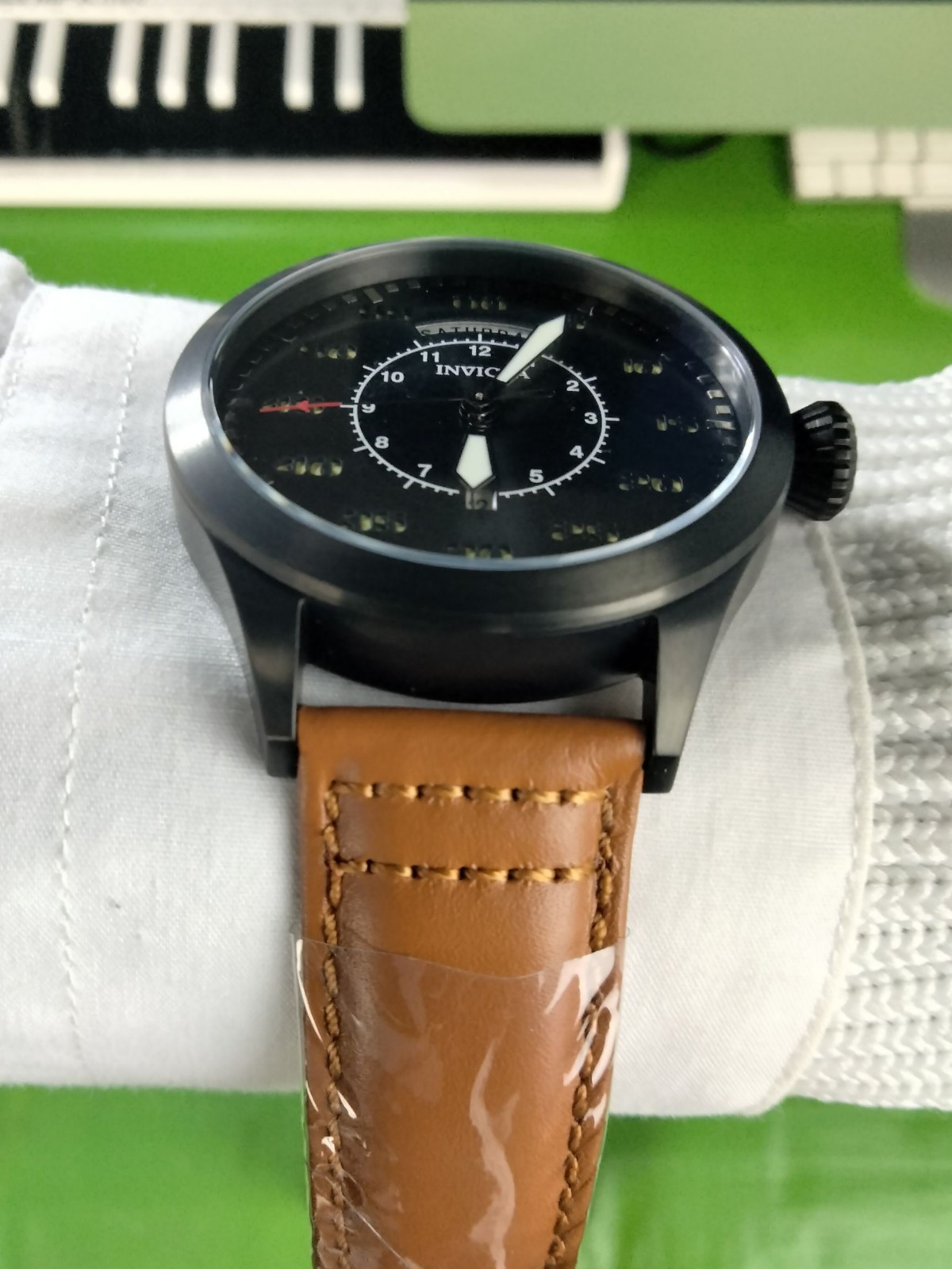 Invicta Aviator 22974 Men Black Case & Dial Tan Leather Strap Quartz Watch 45 mm