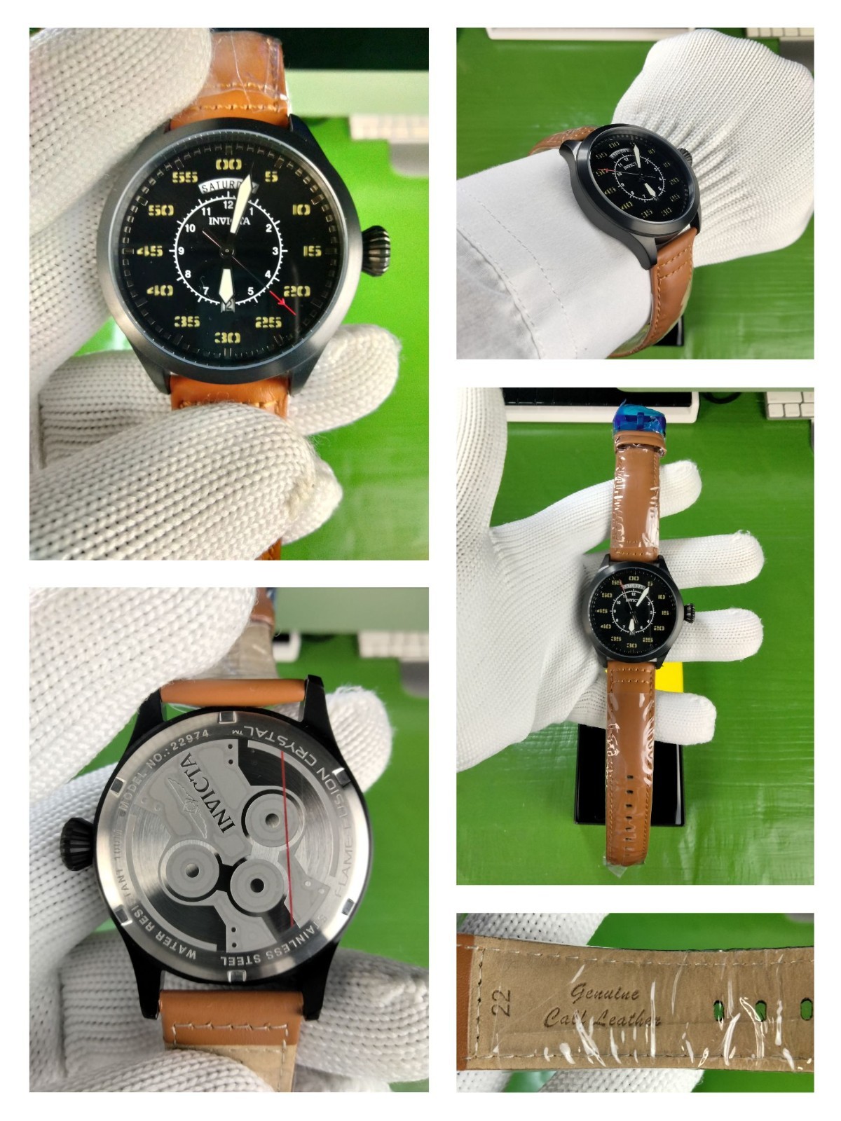 Invicta Aviator 22974 Men Black Case & Dial Tan Leather Strap Quartz Watch 45 mm