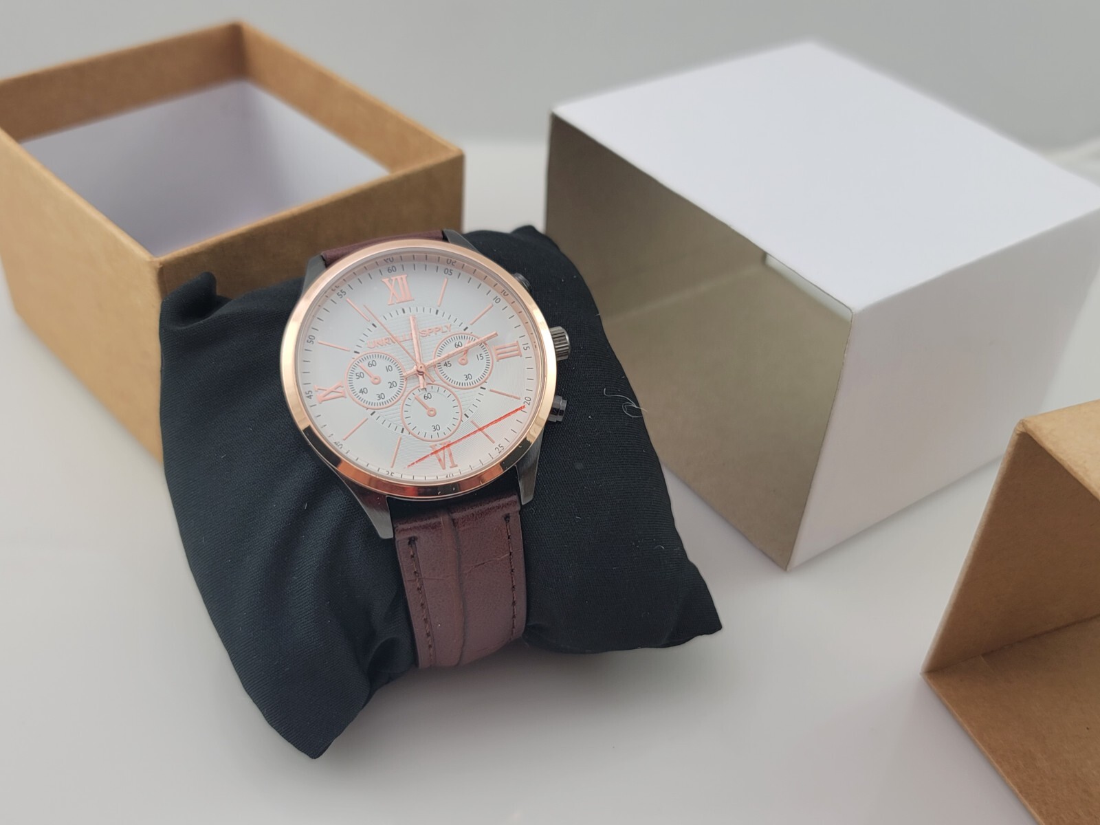 Unrvlld/Spply Watch by ASOS White, 42mm Rose Gold, Brown Leather Strap