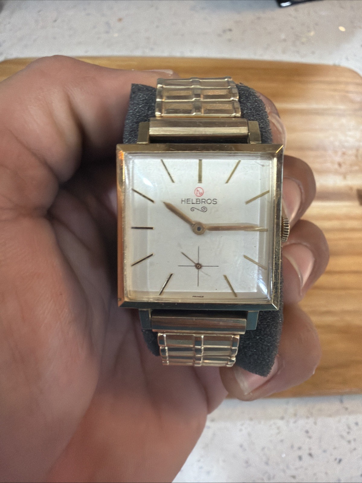Vintage Helbros Square Men’s Dress Watch France Gold Tone Hand-Wind Mechanical