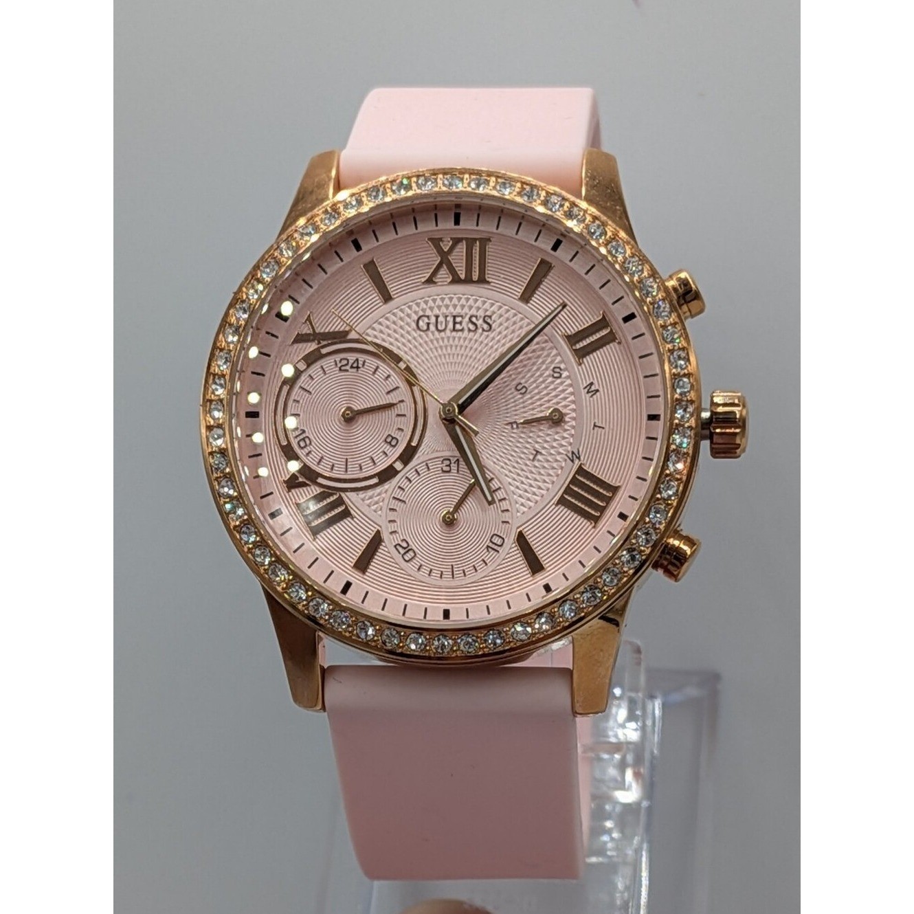 Guess Women’s Watch Solar Rose Gold Pink Dial Rhinestone Bezel U115L32