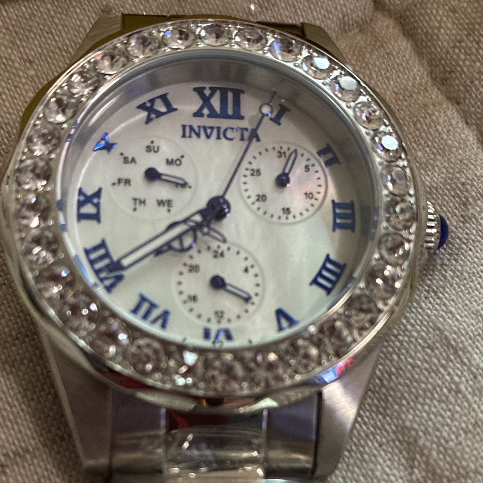 Invicta Women’s Silver Stainless Steel Bracelet Watch White Dial Gem Bezel Box