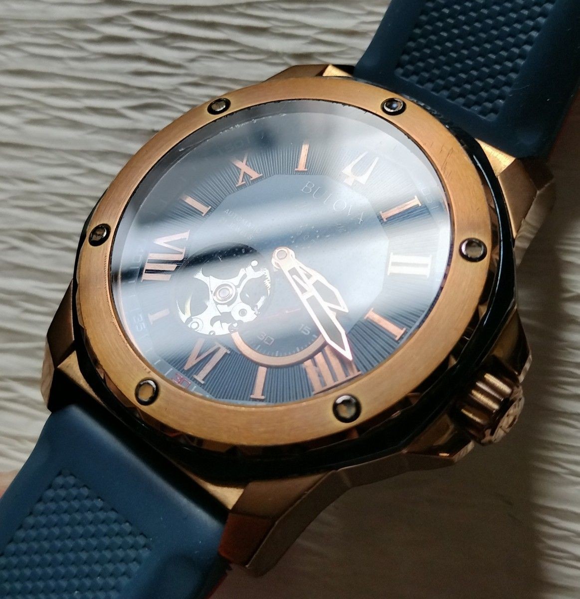 Working Bulova Marine Star Automatic 21 Jewels Rose Gold Navy Open Heart 98A227