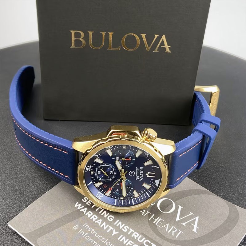 Men Bulova Marine Star Blue/Gold Dial Chronograph 97B168 Quartz Watch 43mm