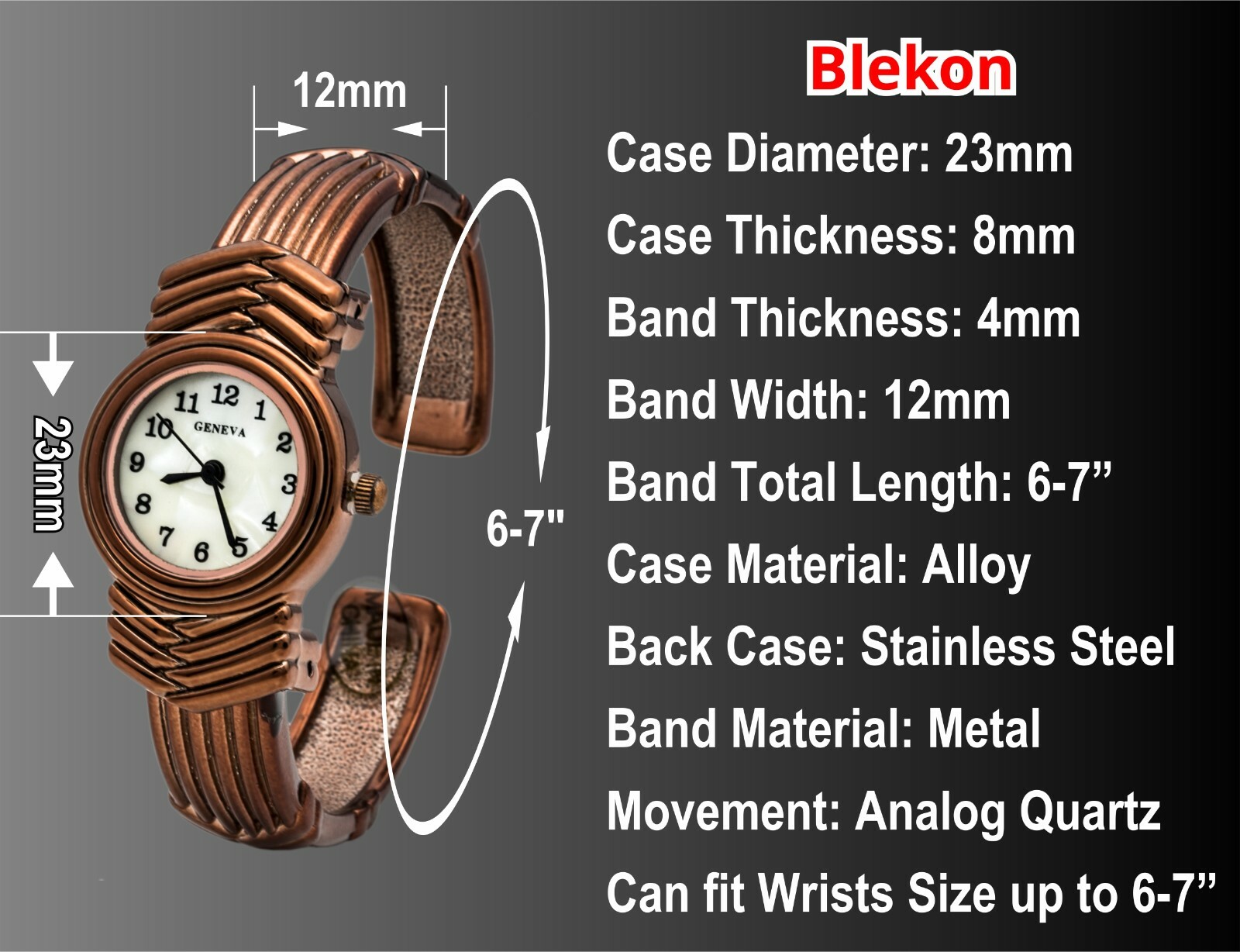 Blekon Collections Quartz Womens 23mm Case Antique Cuff Bangle Watch
