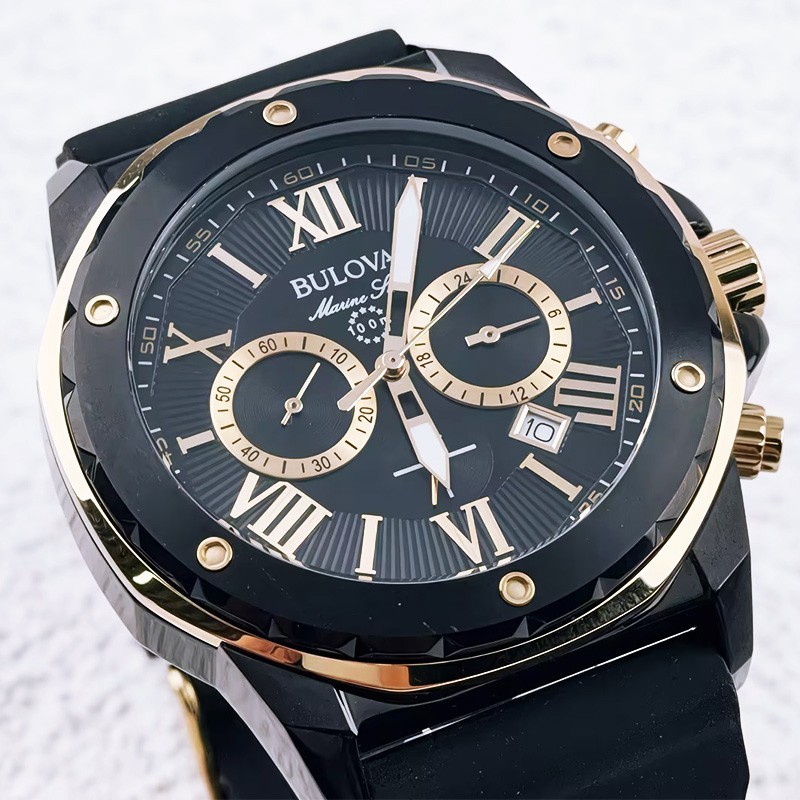 Bulova Marine Star A 98B278 Men’s Quartz Watch Black Dial Silicone Strap 44MM