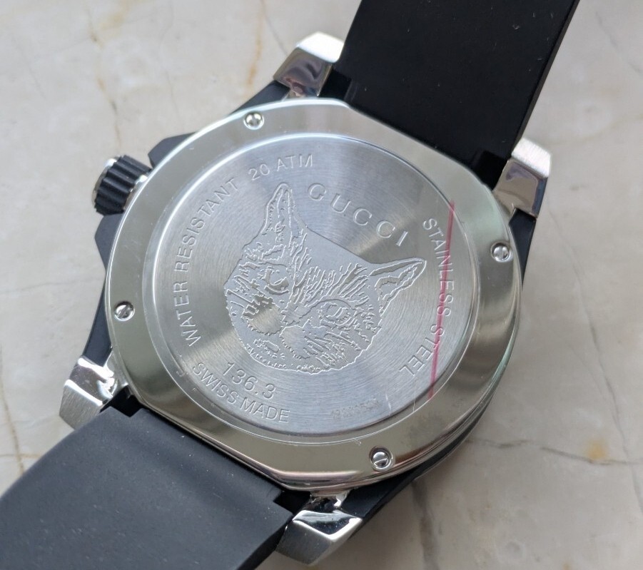 [B1P] GUCCI Watch G Timeless DIVE Cat Black YA136322 Rubber [m4z]