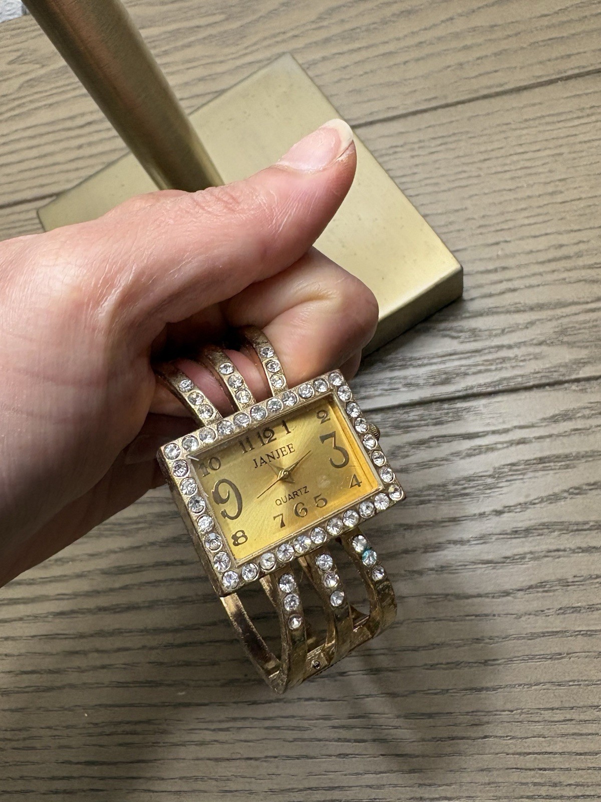 Gold tone rhinestone watch with adjustable bangle #bling #watch