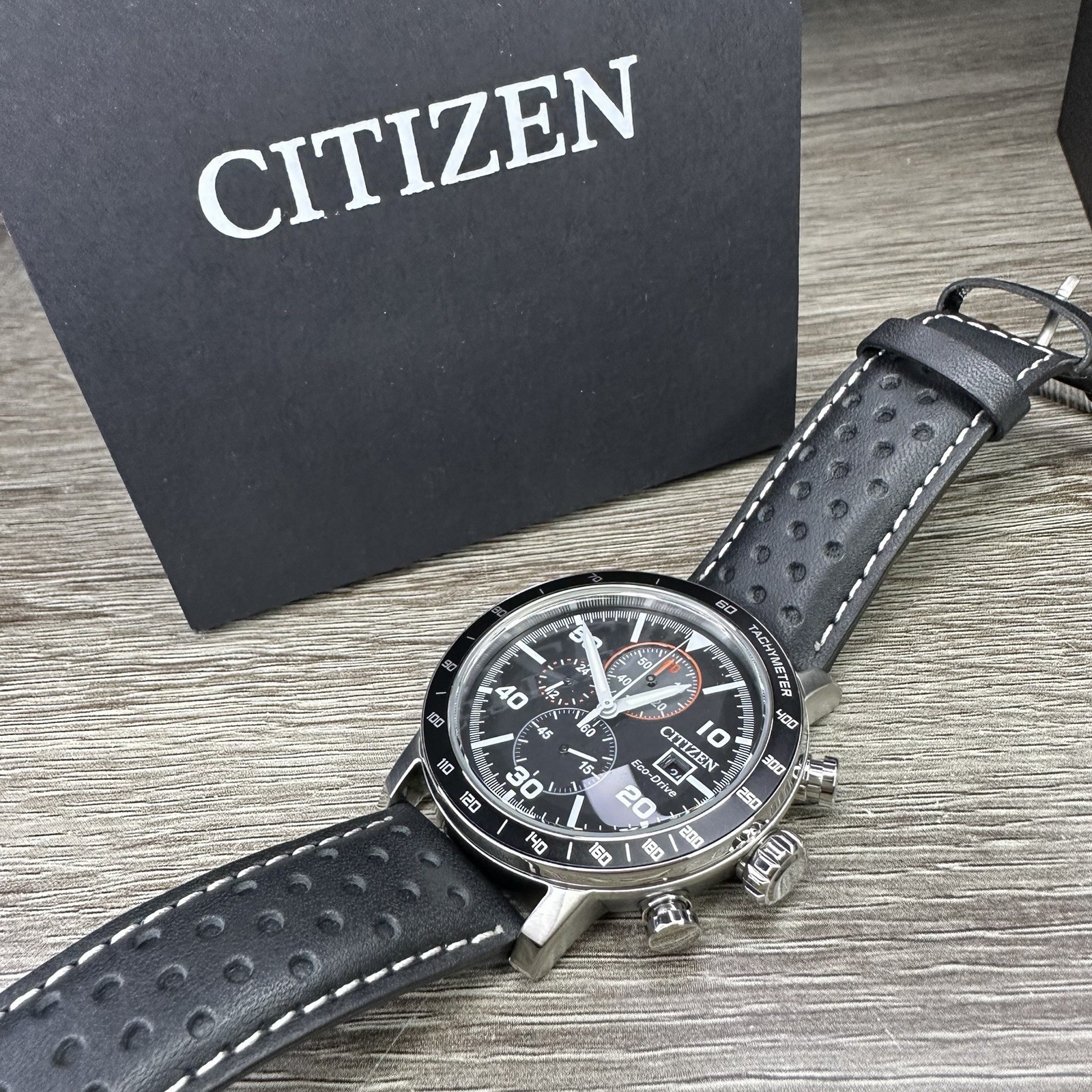 NEW✅TACHYMETER✅ Citizen Eco-Drive Brycen Black Leather Men’s Watch CA0649-14E