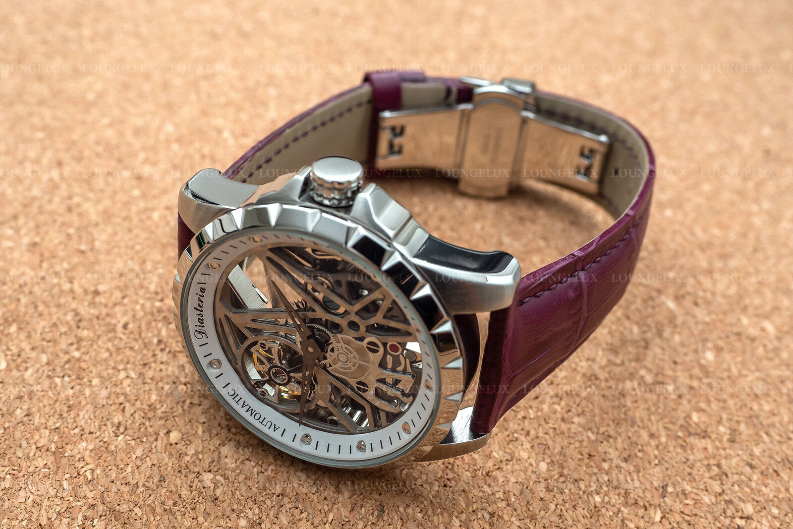 Mens Silver Flywheel Skeleton Automatic Mechanical Watch Purple Leather
