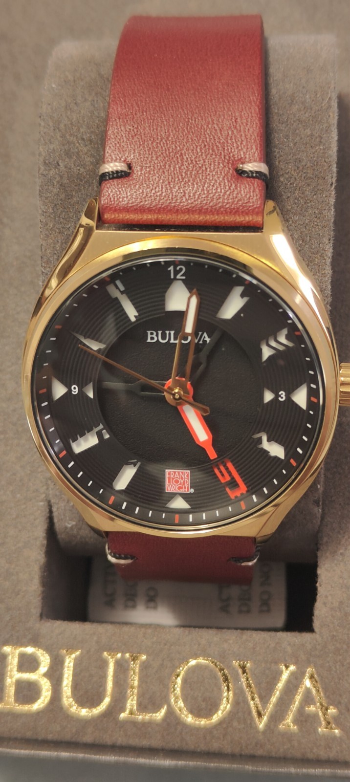 BULOVA 40mm MEN’S PERFORATED PANELS FRANK LLOYD WRIGHT BURGUNDY LEATHER 97A192