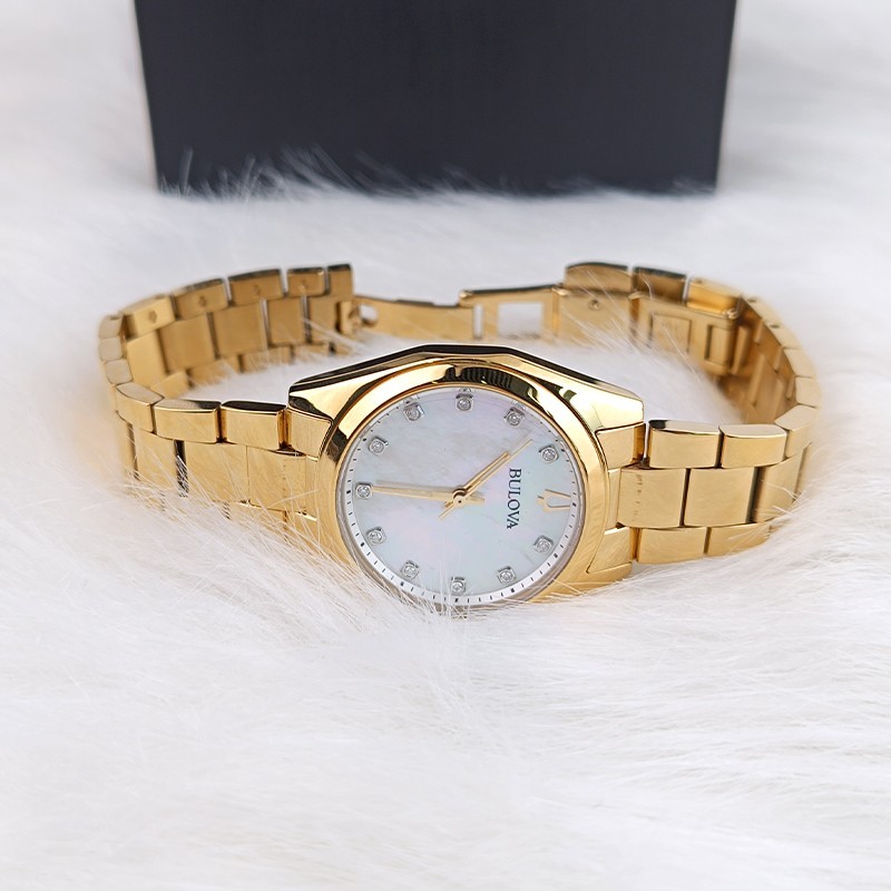 Bulova Surveyor 97P172 Gold Tone Pearl Dial Diamond Quartz Women’s Watch 31mm