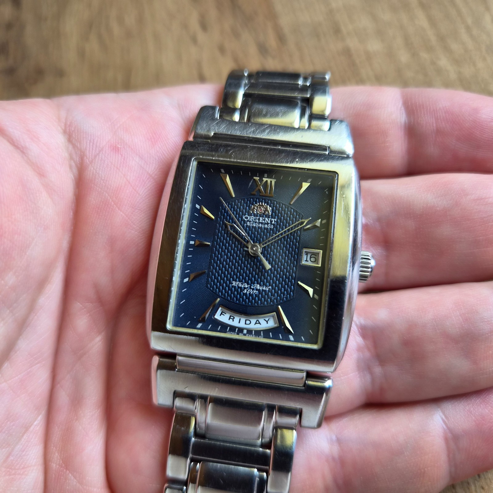 Orient President square watch Day date Automatic mechanical Japan blue watch