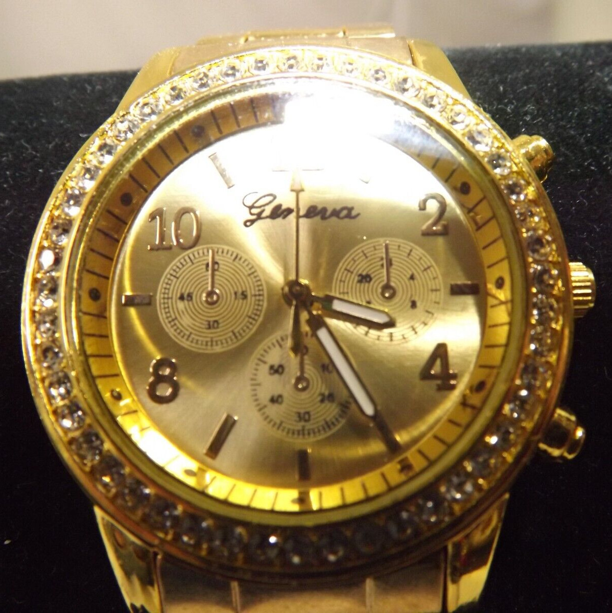 Geneva GoldTone Face Casing & Band Numerical Second Hand Rhinestone Quartz NEW