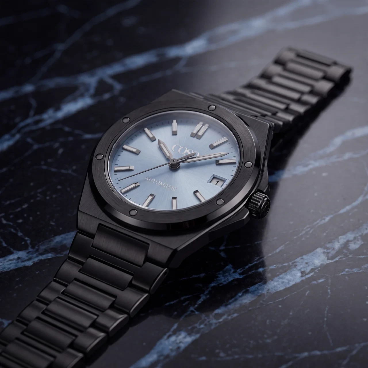 COSO Valtor Automatic Ice Blue Dial Black Steel Bracelet