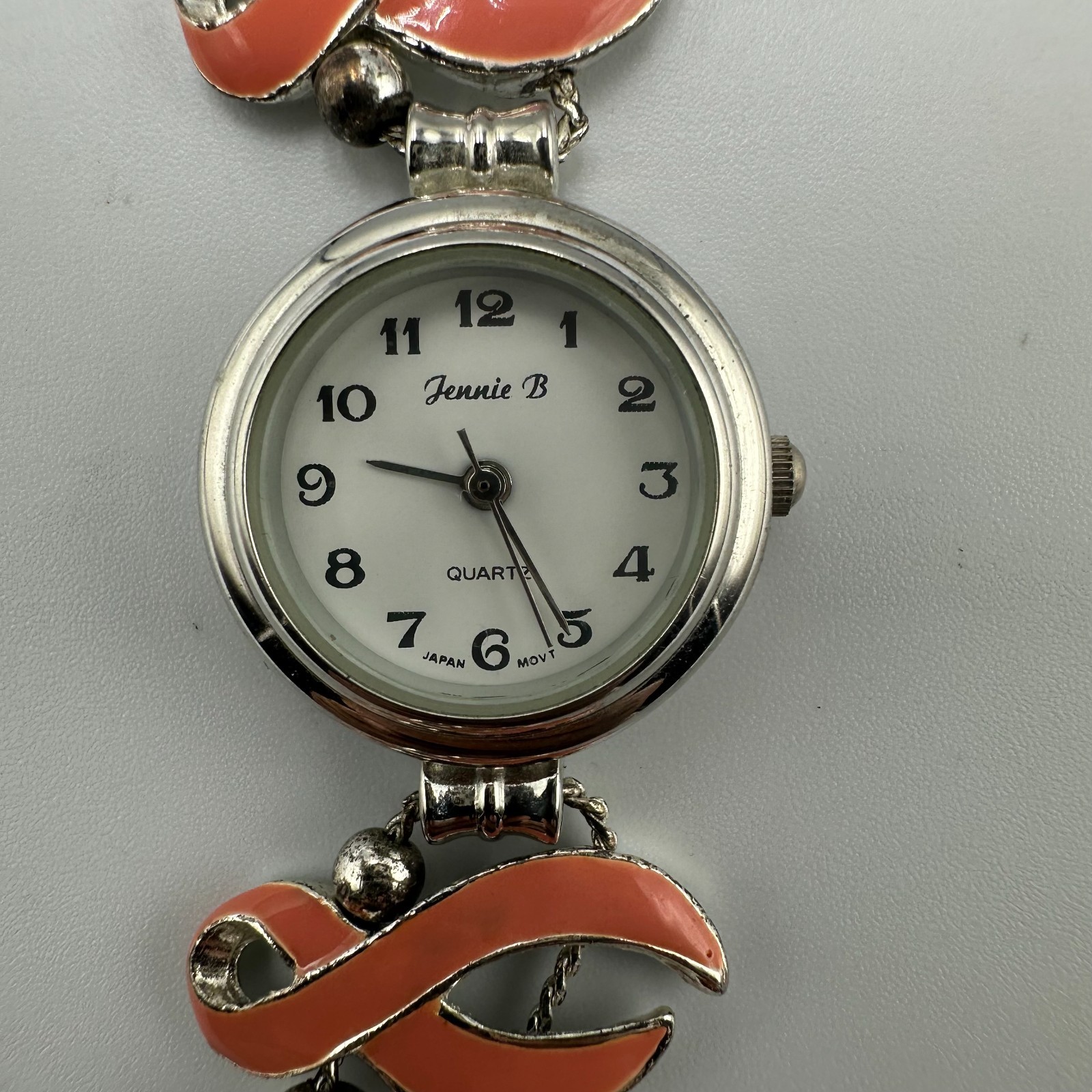 Vintage Jennie B Watch Breast Cancer Awareness Ribbon Band Silver Pink Works