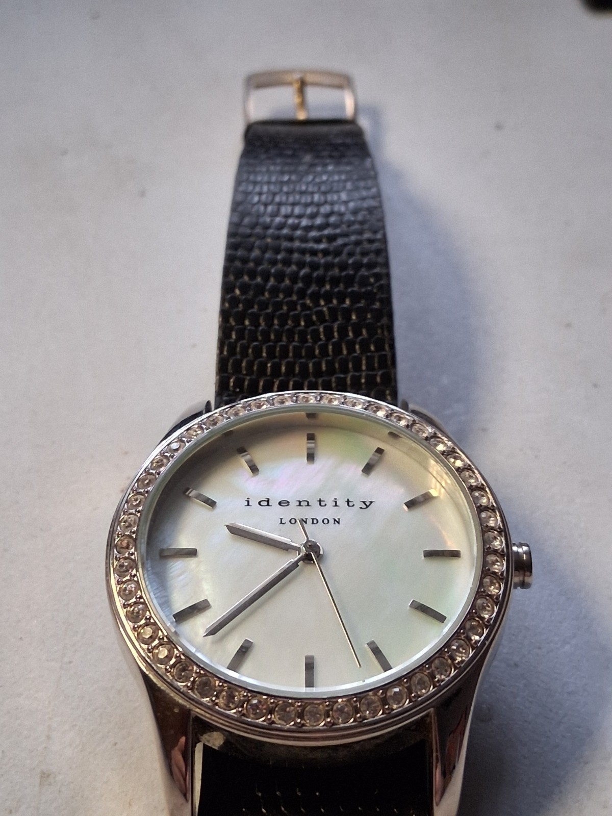 Identity London Women’s Quartz Watch. Black Leather Strap White Dial. 348