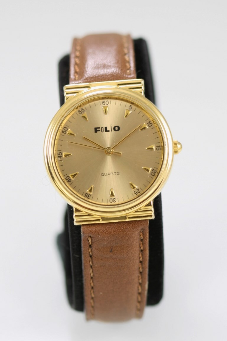 Folio Women Watch Stainless Steel Gold Water Resist Brown Leather Battery Quartz