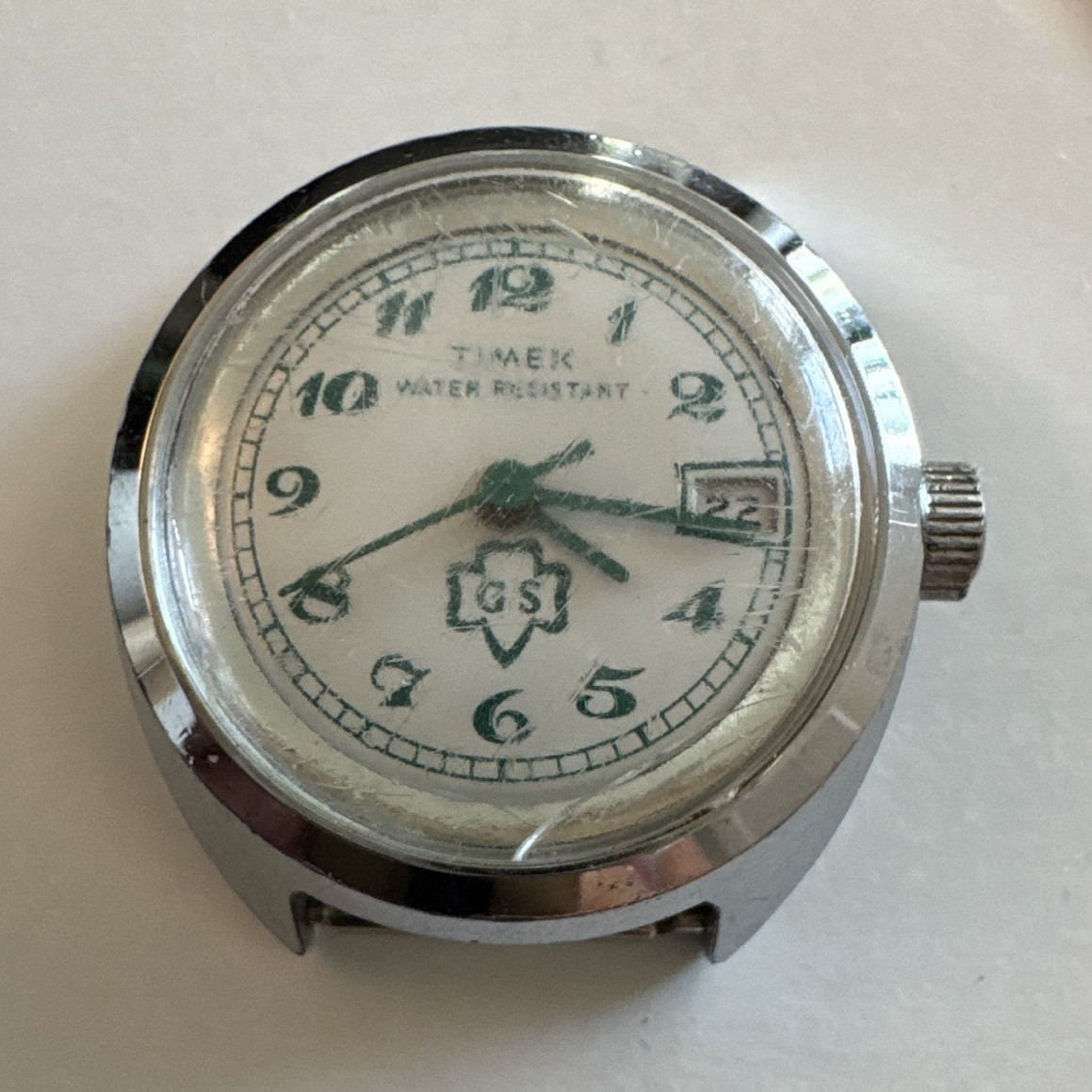 Timex Manual Wind Water Resistant Analog Watch Date White/Green Dial Silver