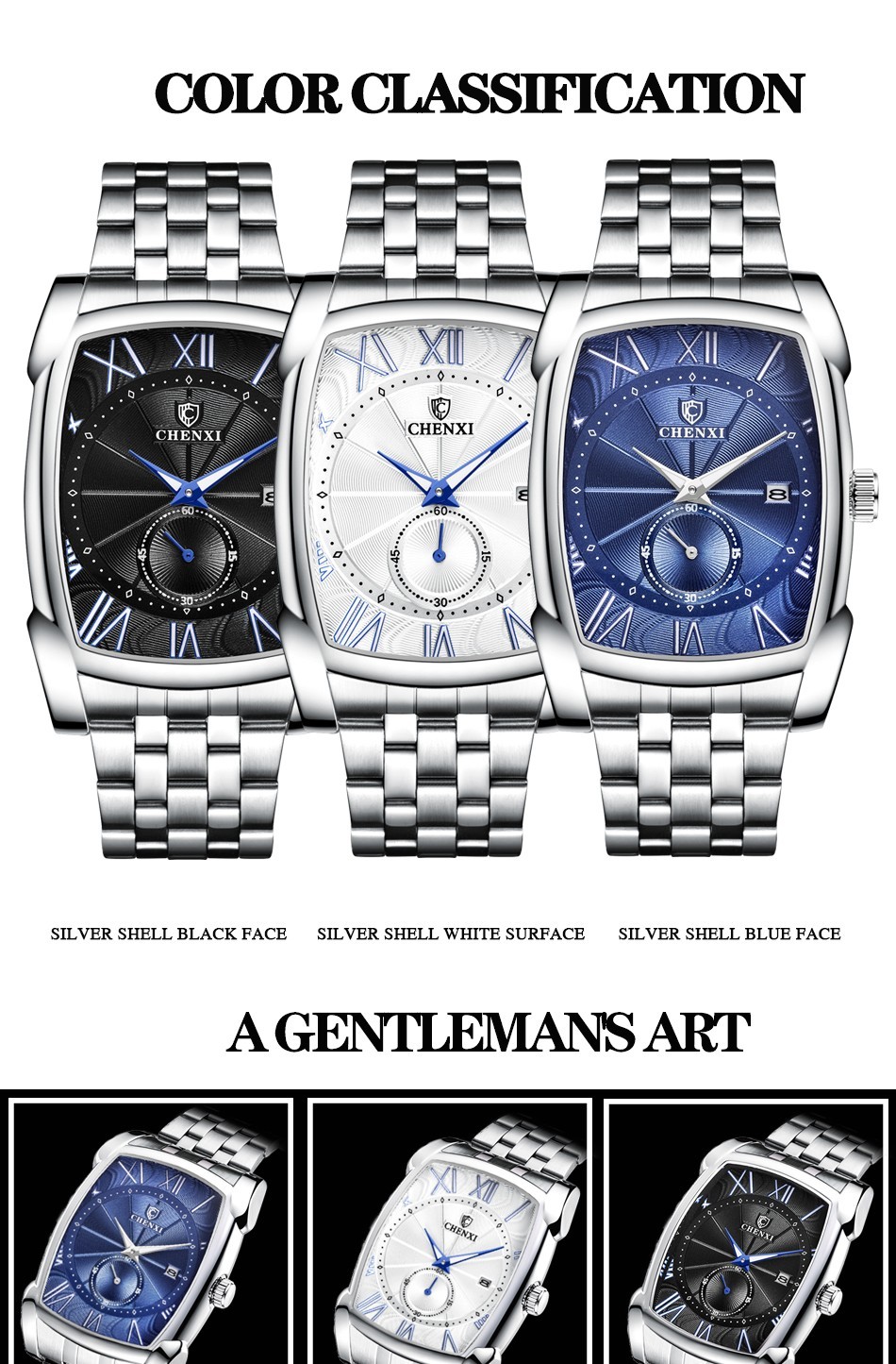 CHENXI Men’s Stainless Steel Rectangle Luminous Business Calendar Quartz Watch
