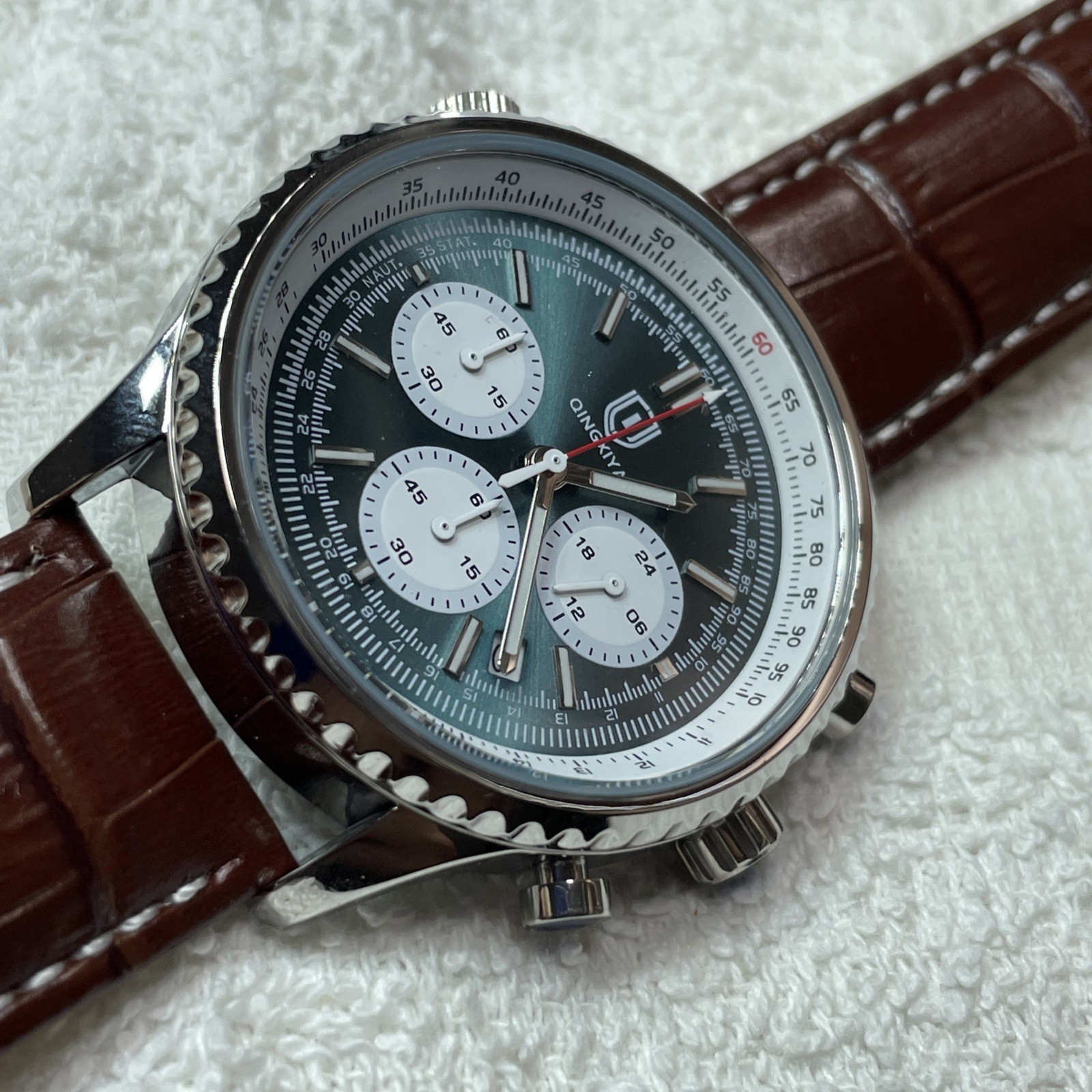 43MM QINGXIYA Men’s Chronograph Watch Leather Strap Tested USA ships
