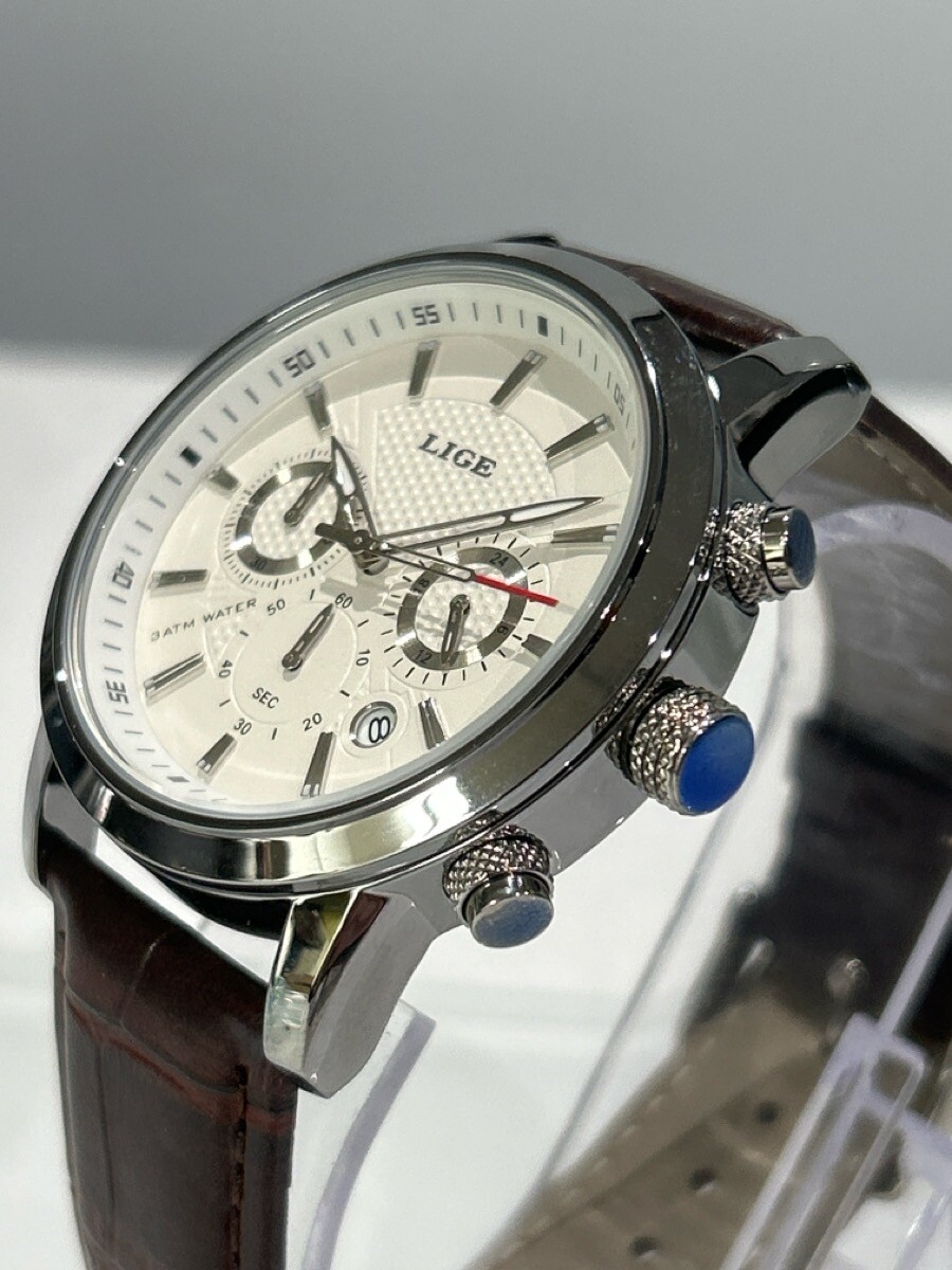 LIGE 1853 Dream White Dial, 3 Sub Chrono Stainless on Brown Leather (NJL028911)