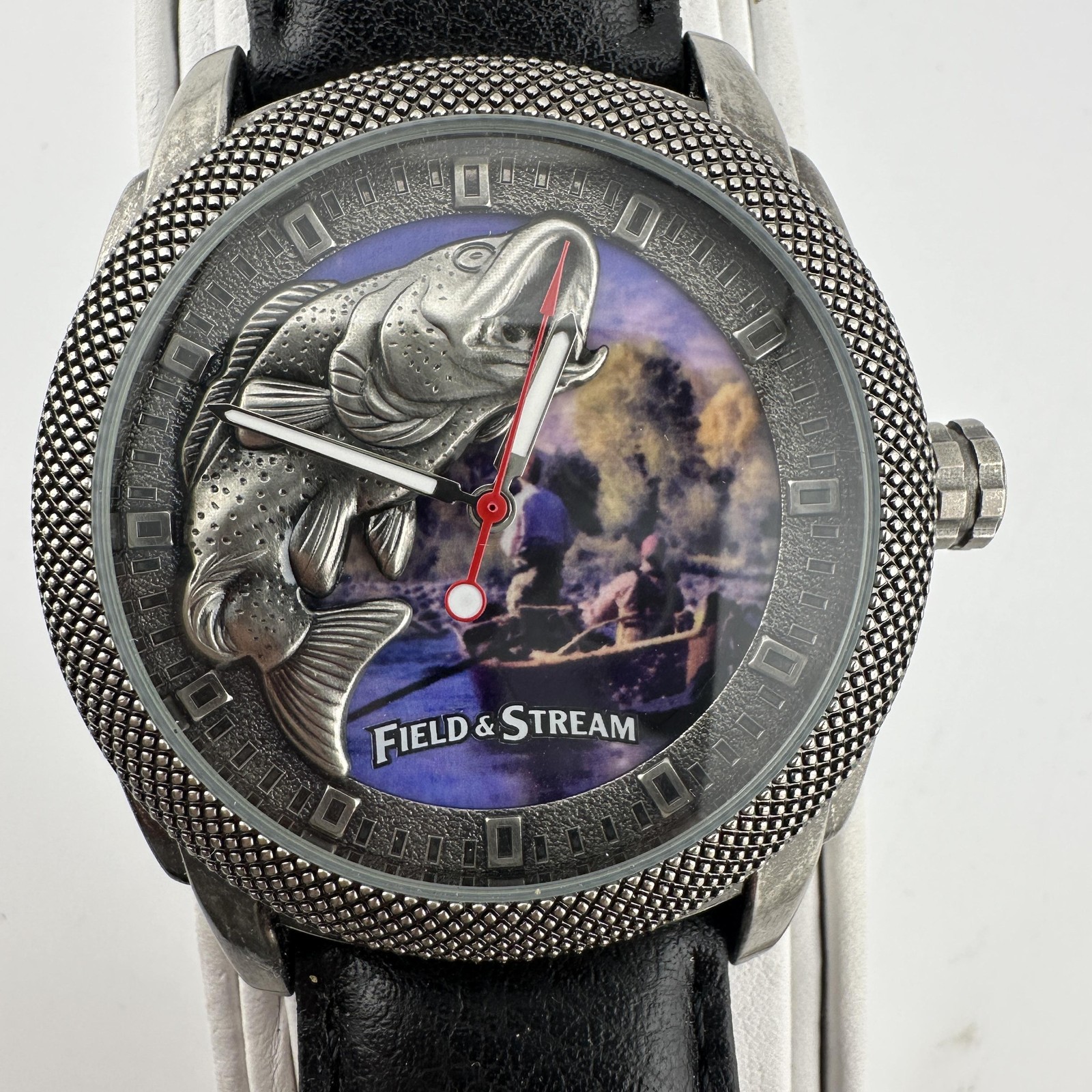 Field & Stream Mens Watch 45mm Multicolor Fish Dial Silver Case Black Leather