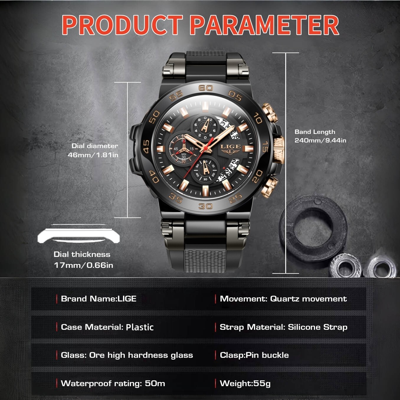 LIGE Men Watch Quartz Chronograph Date 50M Waterproof Sport Diver Man Wristwatch
