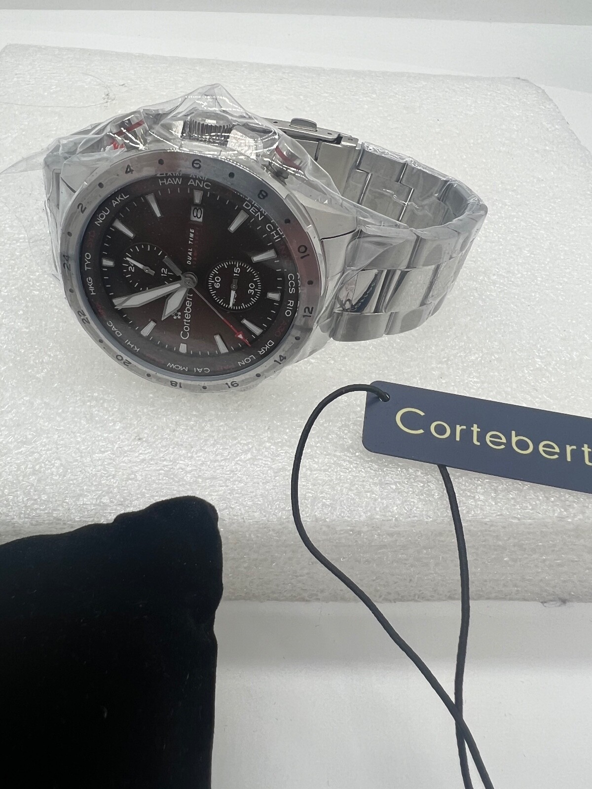 New in Box Cortebert ELEVATION WORLDTIME Sharp Cocoa Face Silver Band