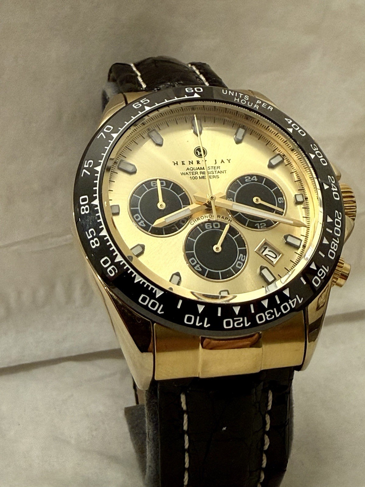 Henry Jay Aqua Master Quartz Chronograph Date Gold/Black Genuine Crocodile Strap