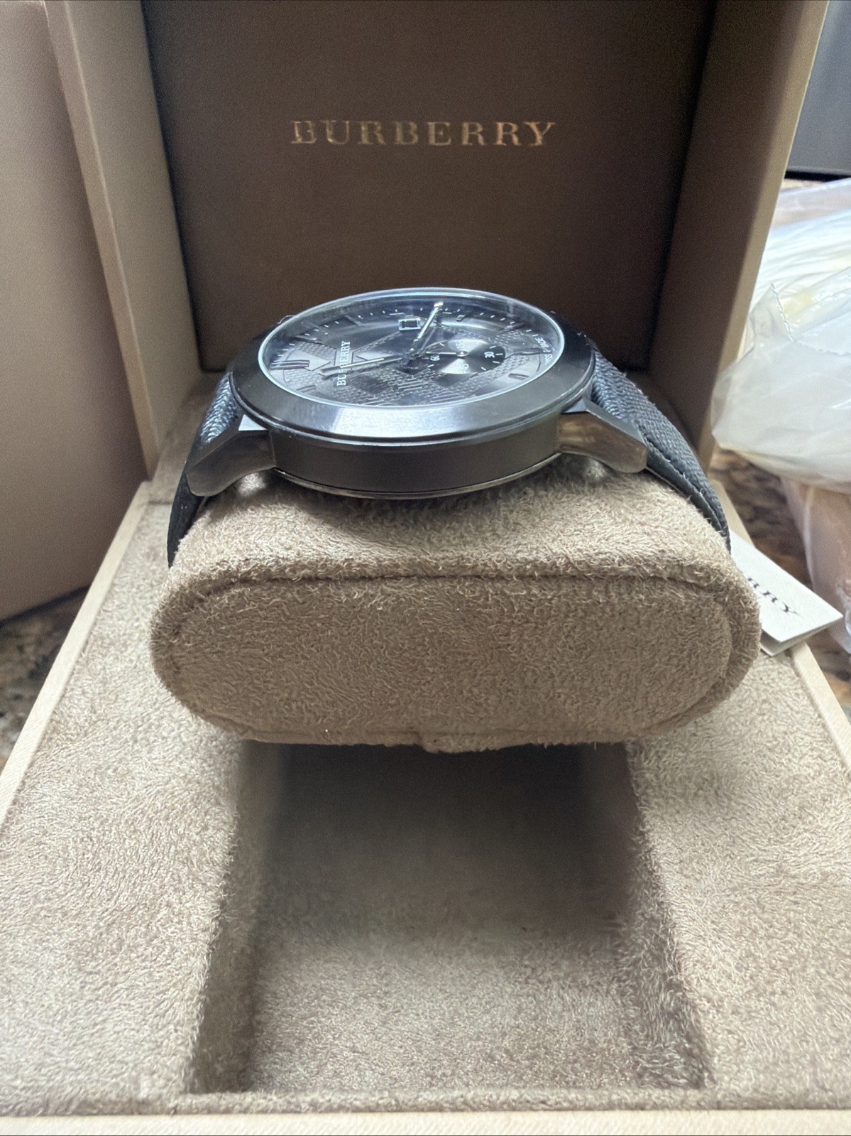 Burberry The City 42mm Black Stainless Steel Case and Black Leather Band, Men’s