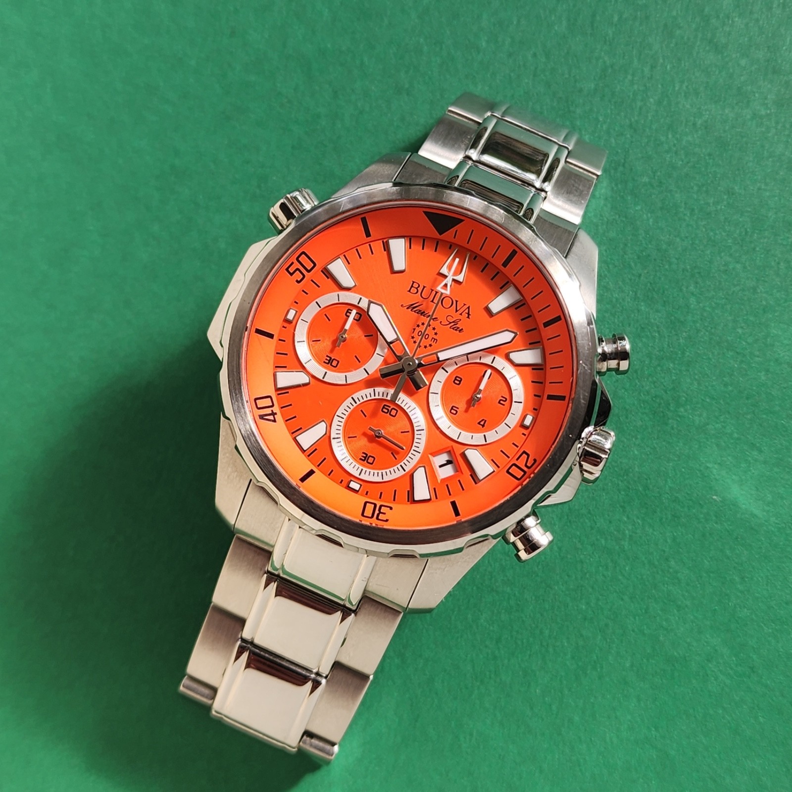 Bulova Chronograph Orange Dial Marine Star Watch Inner Rotating Bezel 96B395