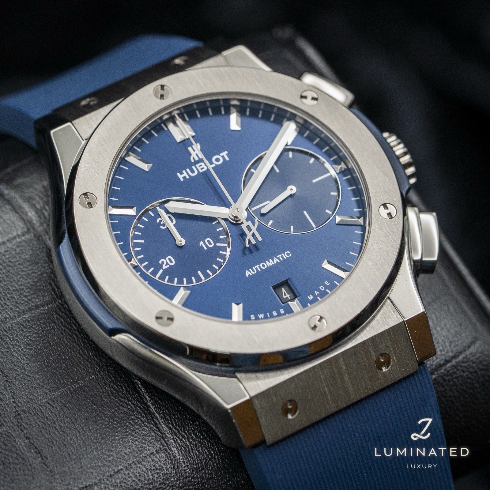 Stunning Hublot Classic Fusion Blue Titanium Chronograph 521.NX.7170.RX