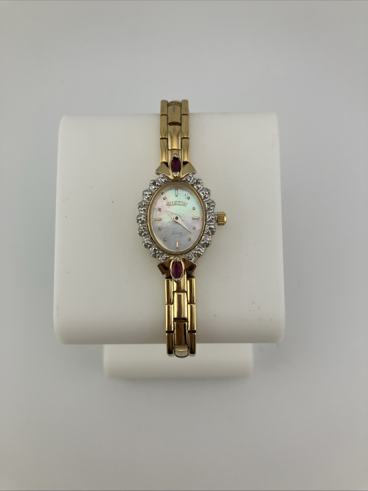 Vtg Austin Lades 17mm Watch Gold Tone Diamond & Ruby Bezel MOP Dial 5.75″ – RUNS