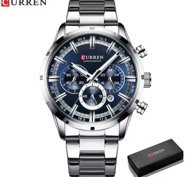 Blue Dial Men’s Quartz Watch Stainless Steel Band Date Display Waterproof Busine