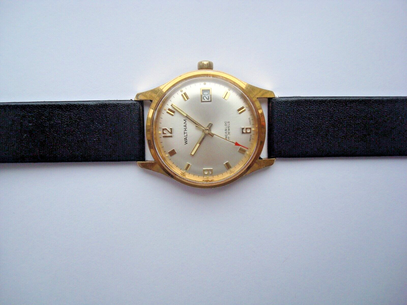 Waltham Mens Watch Manual Wind Up 17j. Date Red Arrow New Band 1960’s Swiss Runs