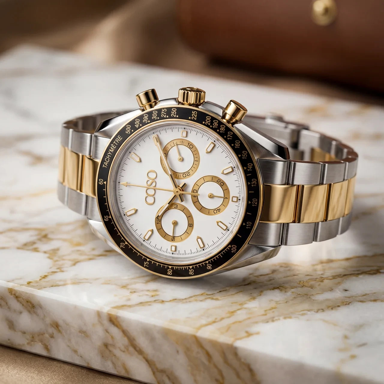 COSO Torvex Chronograph Watch White Dial Gold Sub-dials Two-Tone Bracelet