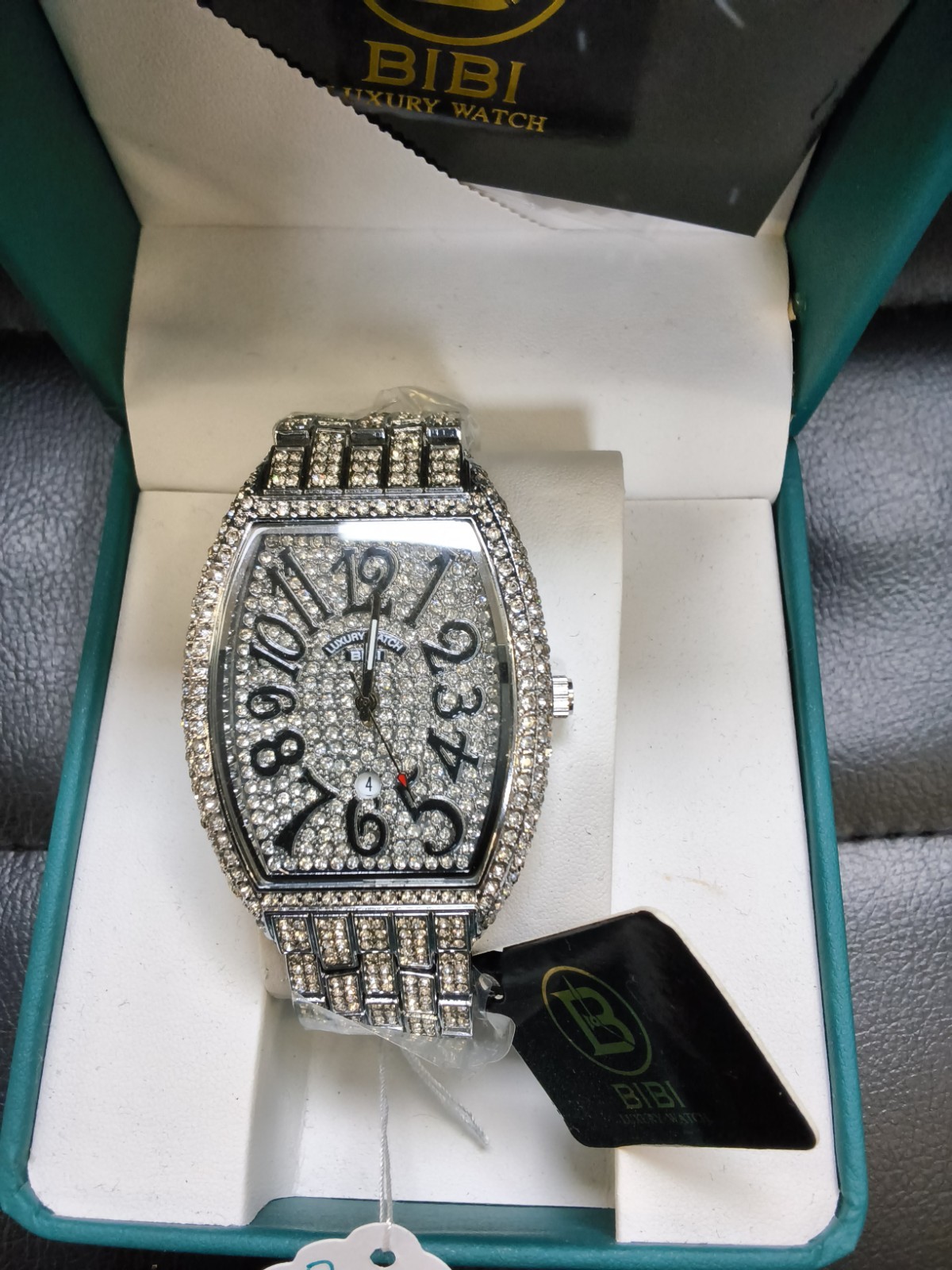 BIBI Silver Tone Crystal Tonneau Quartz Watch 41mm Iced Date New in BoxPrice: