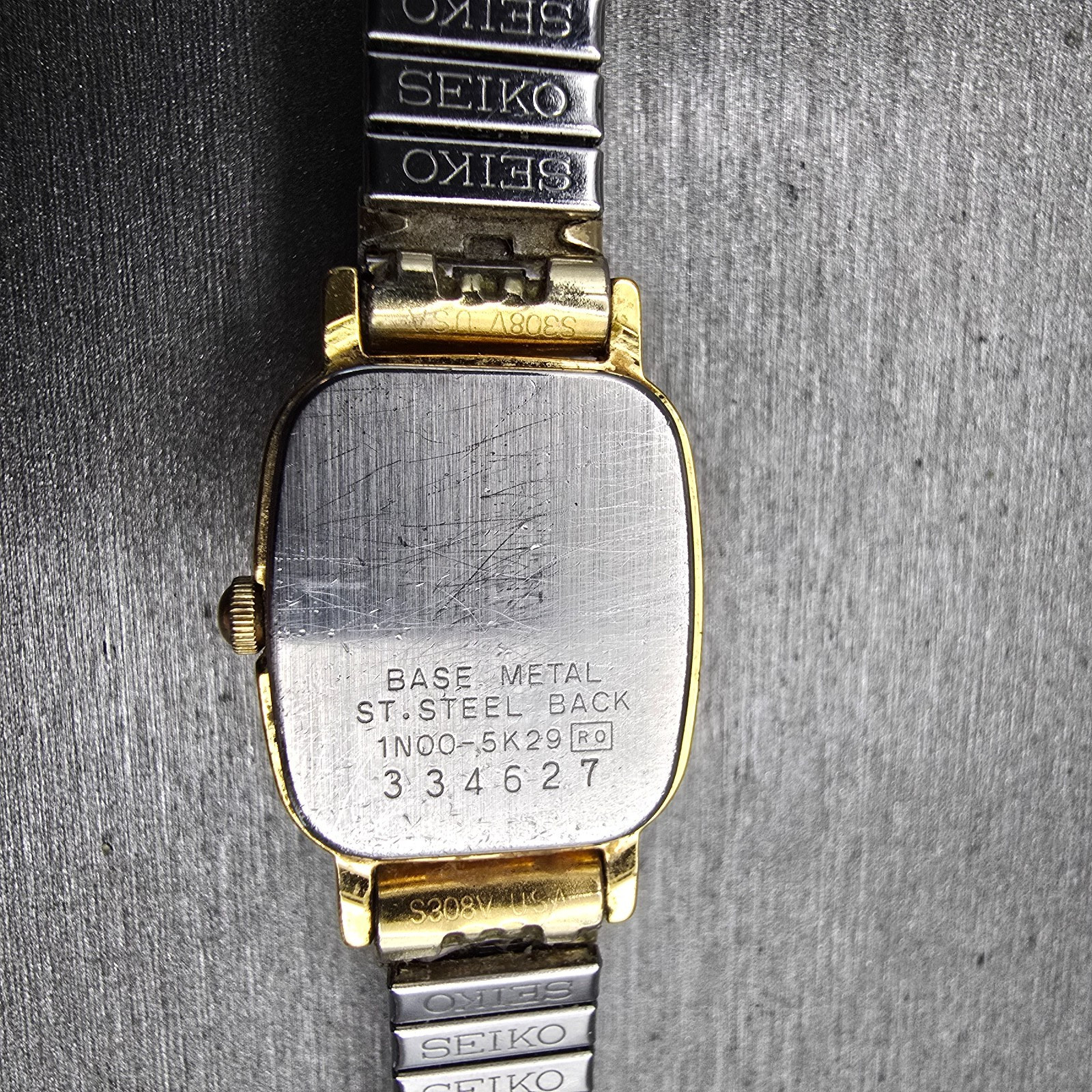 Seiko Watch Women 17mm Gold Dial Gold Tone Rectangle 1N00-5K29 New Battery VTG G