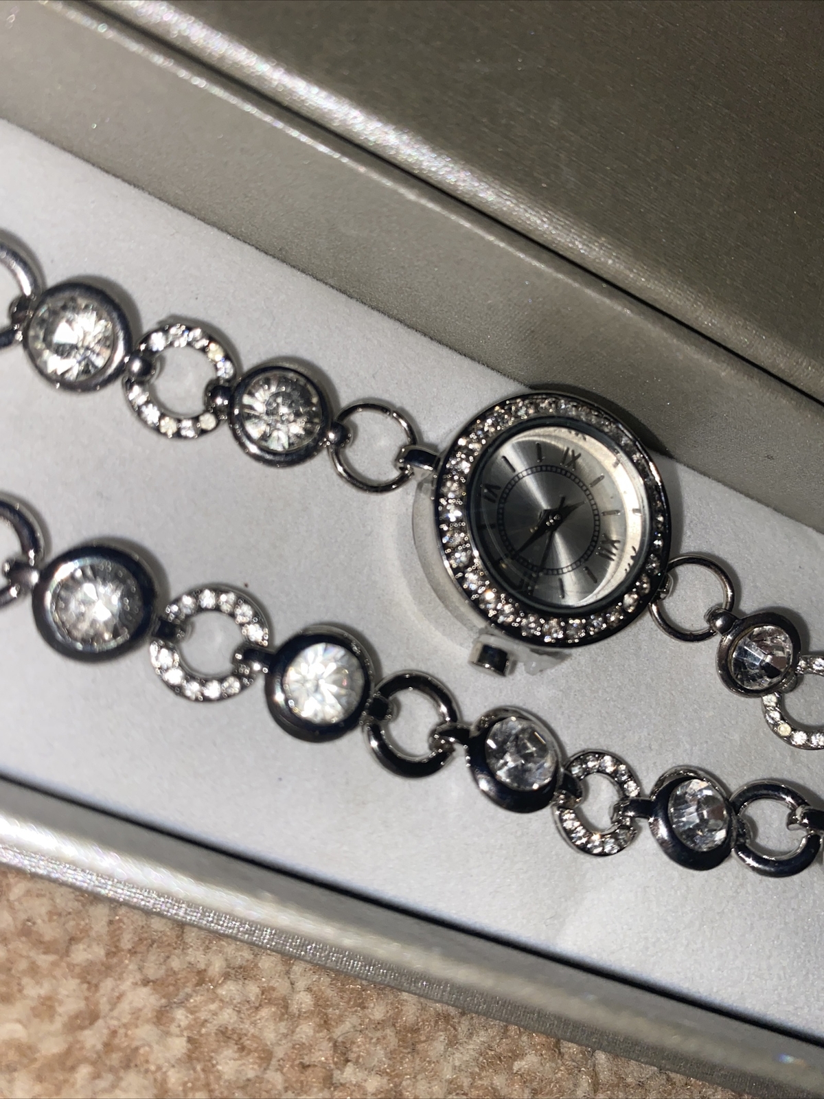 WATCH AND BRACELET SET DIAMONTE SILVER TONE DRESSY FORMAL PARTY BRAND NEW IN BOX