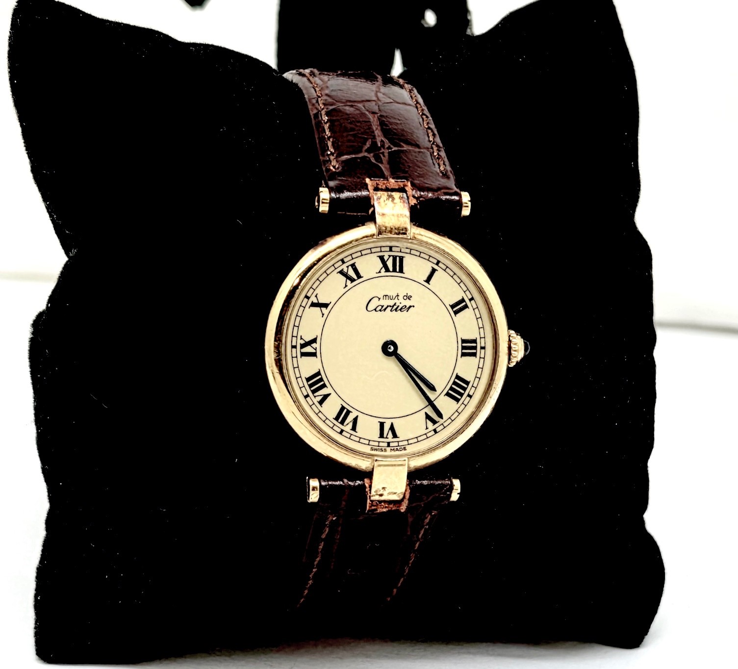 VINTAGE MUST DE CARTIER 30MM GILT STERLING SILVER QUARTZ WRISTWATCH,CLEAN,RUNS