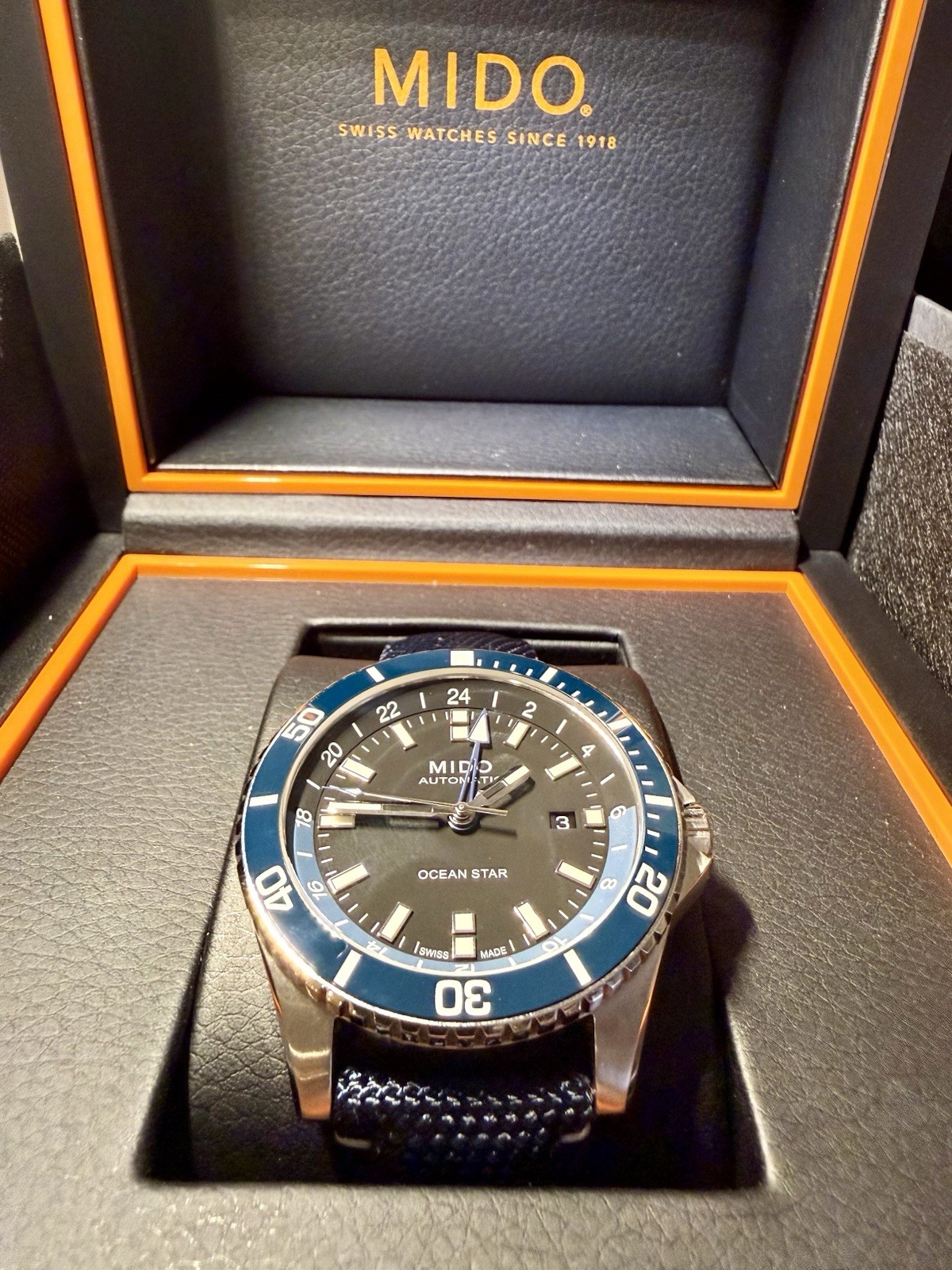 Mido Ocean Star GMT 44mm Silver Stainless Steel w Blue Strap & Horween Strap