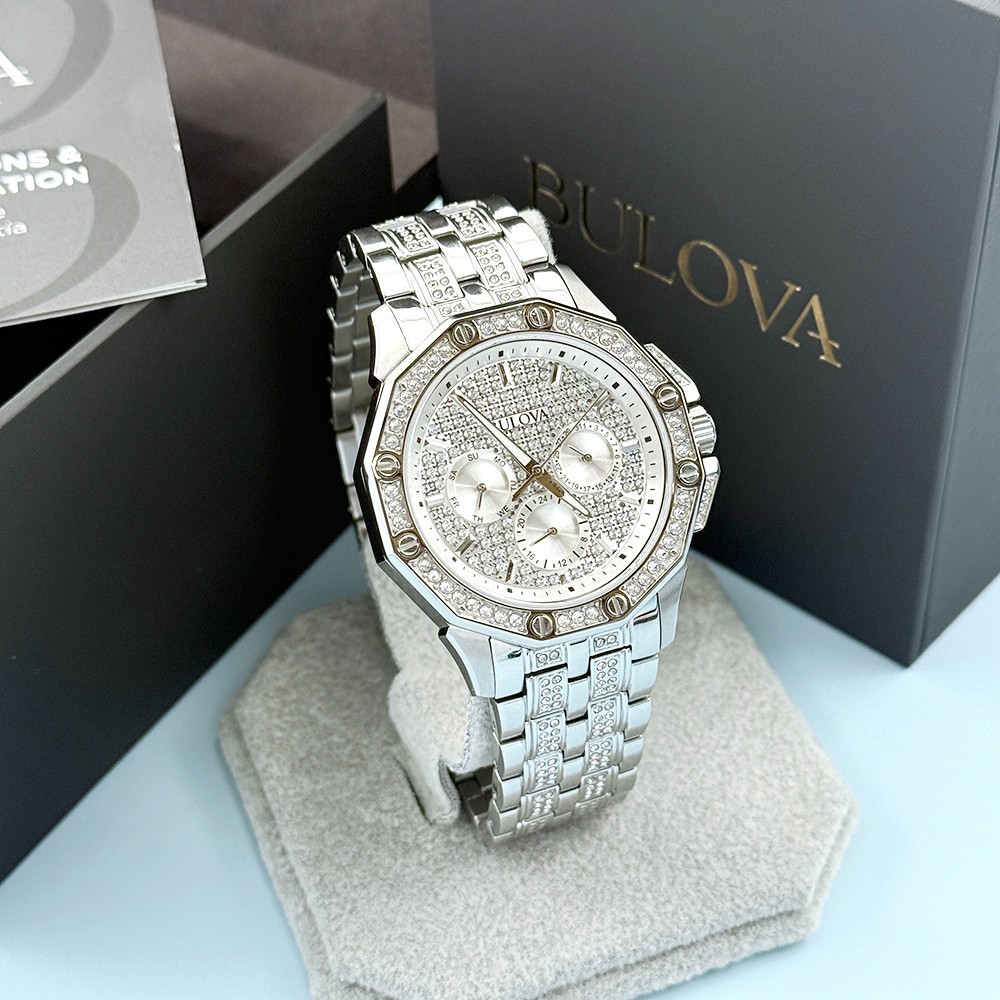 Men’s Bulova 96C134 Octava Crystal Chronograph Silver Dial Quartz Watch 41.5mm