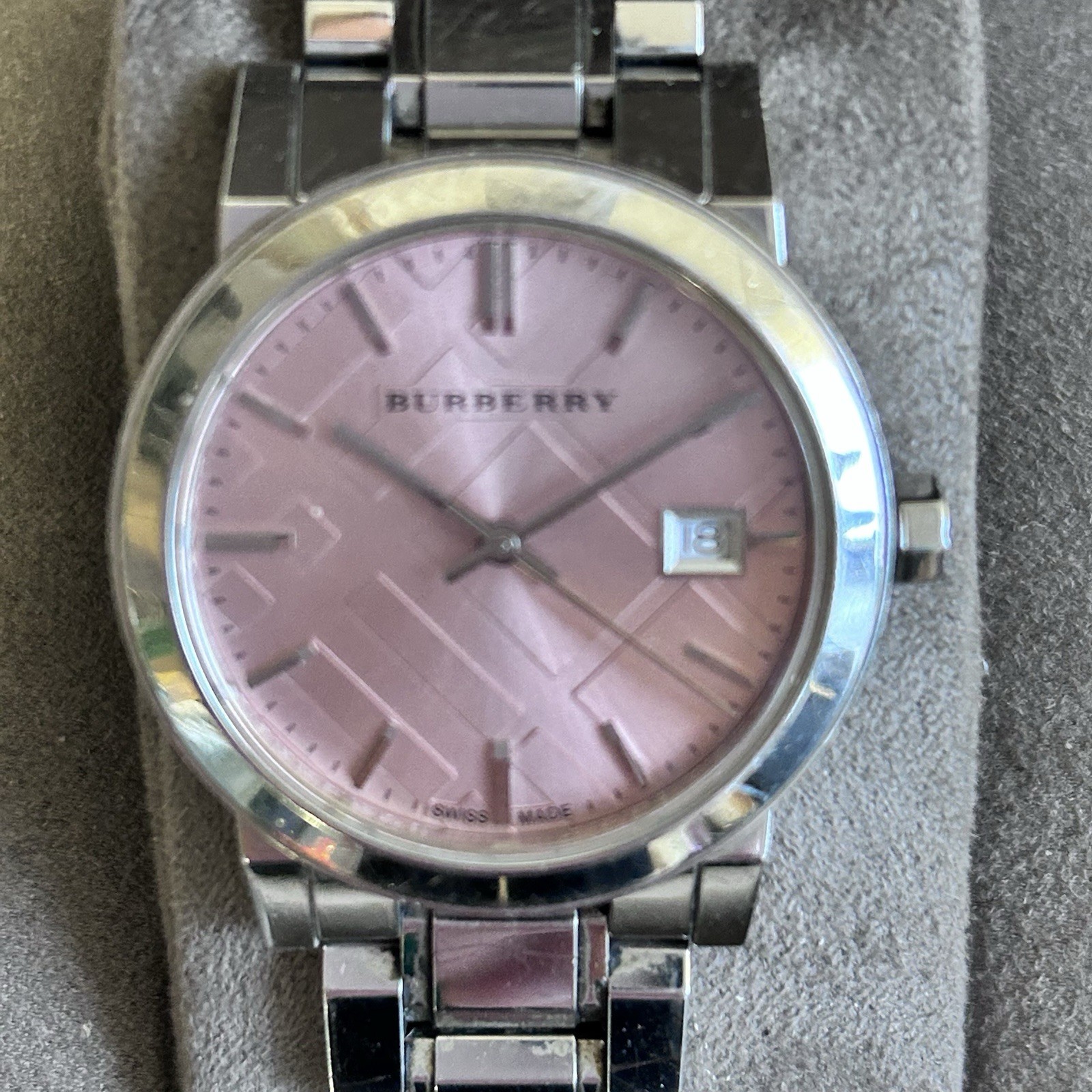 Burberry Pink Dial Silver Watch In Original Box Date Indicator Baton Indexes