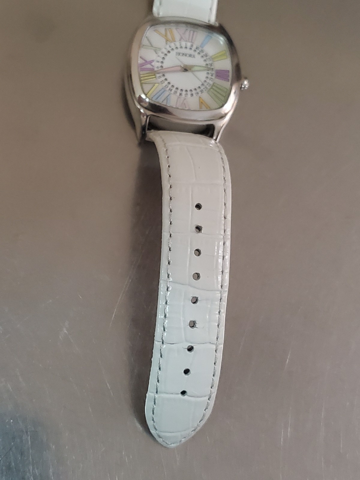 HONORA Women’s Watch Analog Quartz Date Multicolor Indices White Leather 36 mm