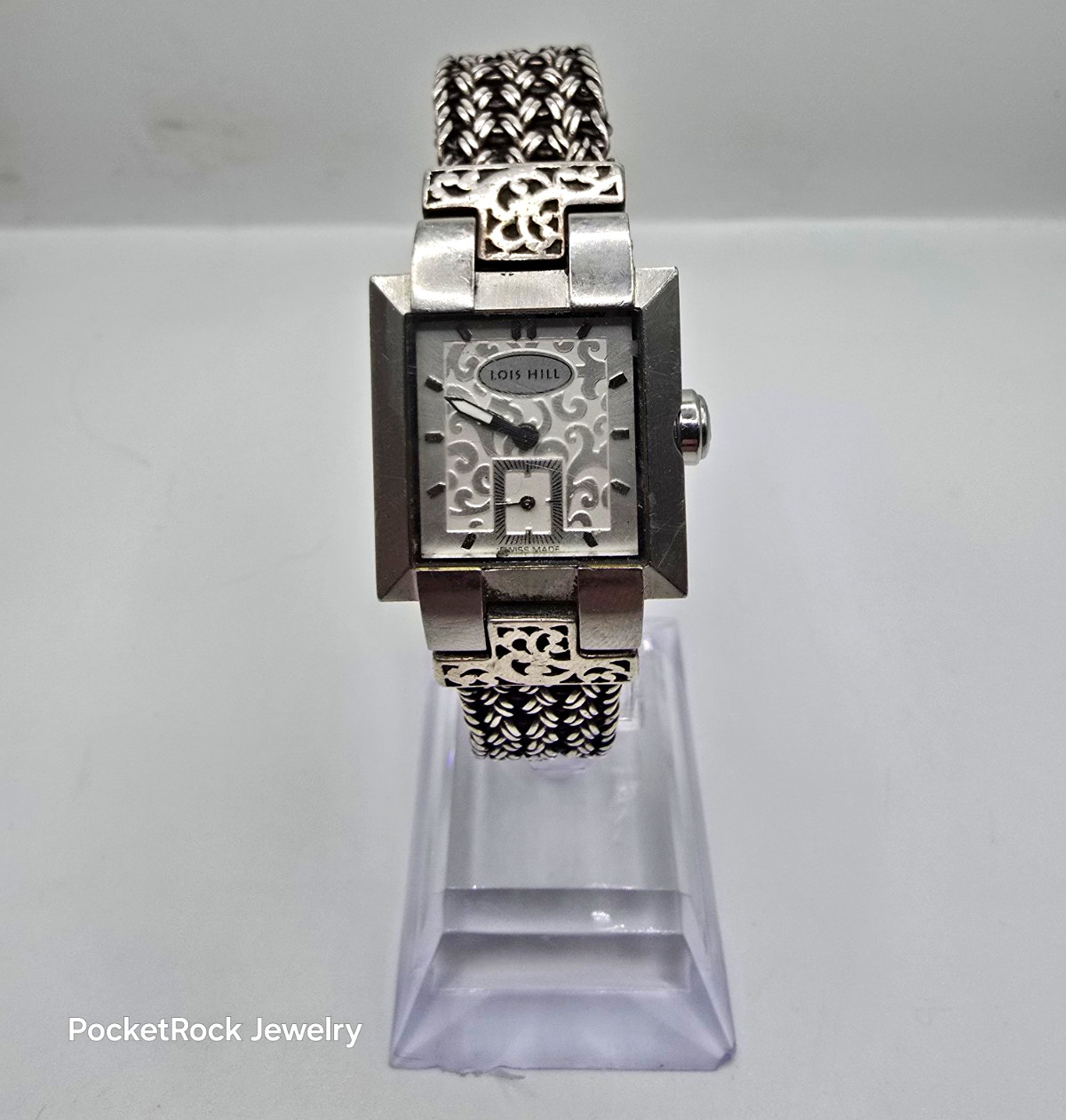 Lois Hill Women’s Swiss Made Quartz Rectangle Silver Dial 925 SILVER Bracelet
