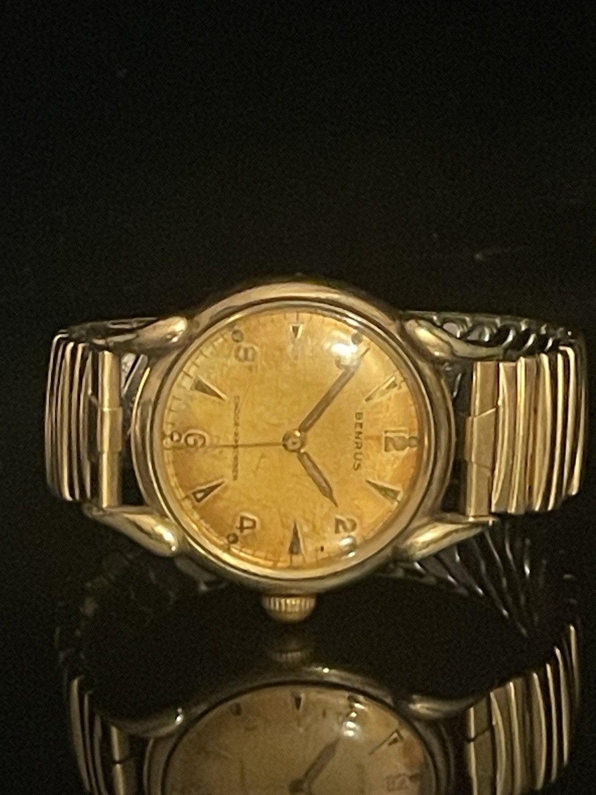 Vintage Benrus Manual Wind Shock-Absorber Swiss Watch Gold Tone Patina Dial Runs